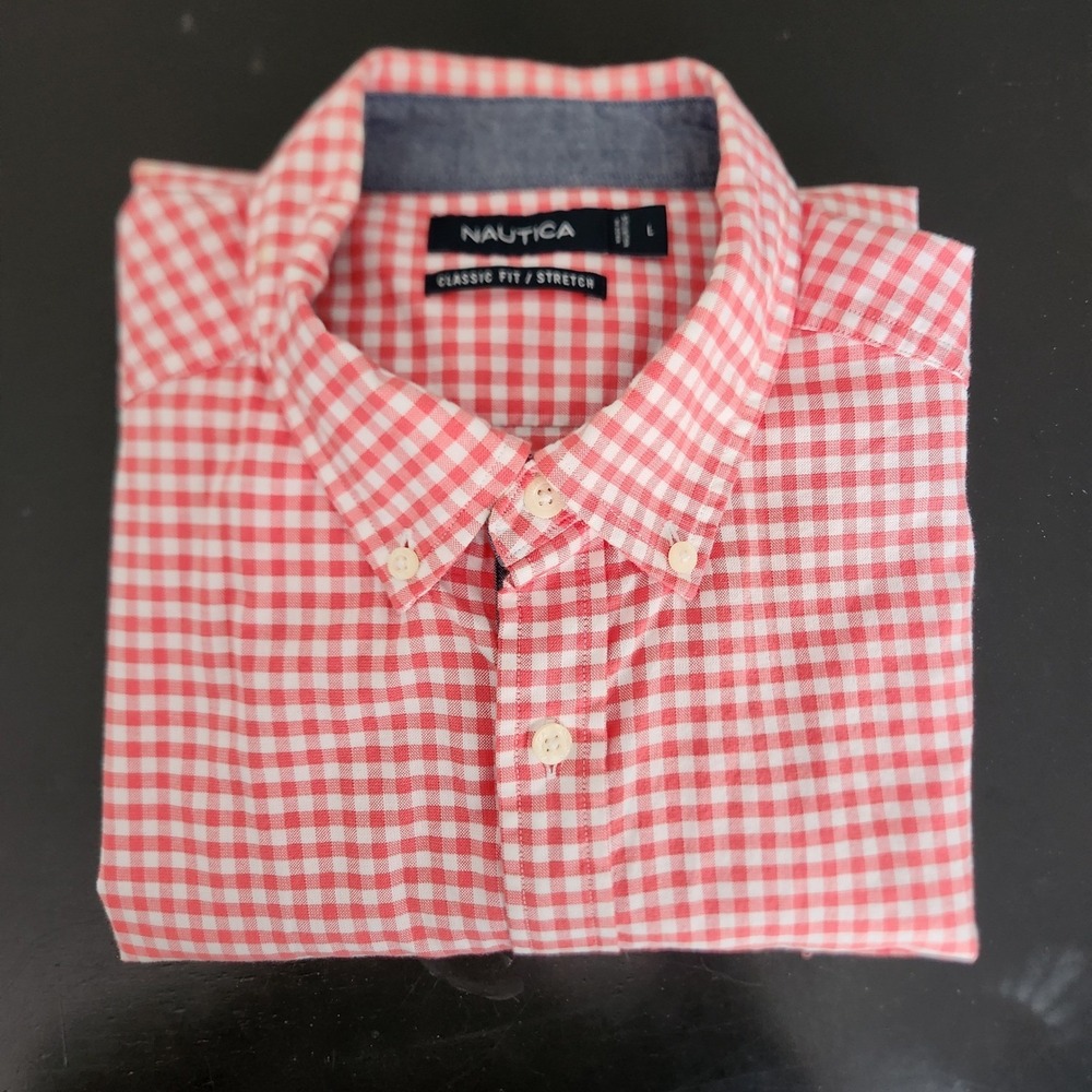 Nautica Mens L Classic Fit Stretch Gingham Orange Checkered Button Down Shirt - Picture 2 of 9